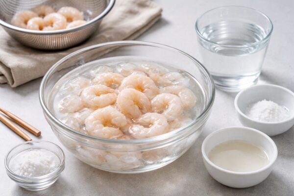 重曹水で冷凍むきエビを解凍している様子