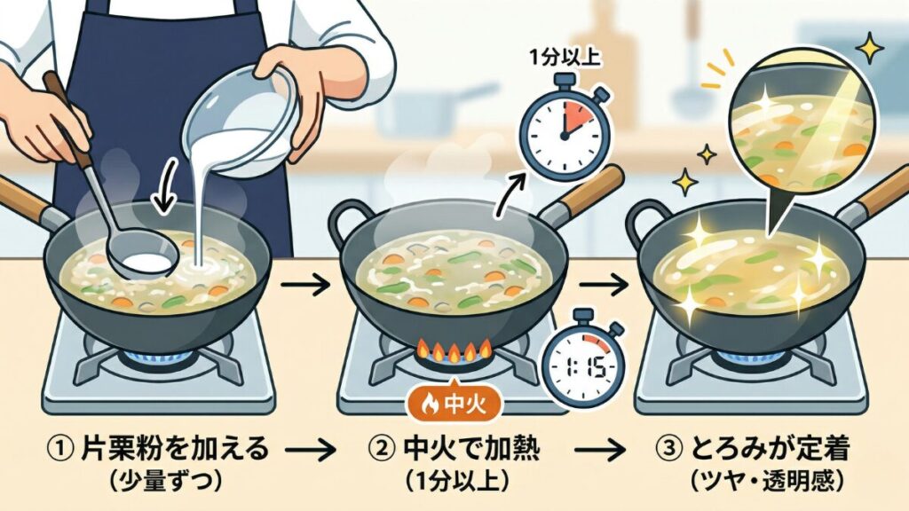 水溶き片栗粉でとろみを付ける3ステップの図解。1.少量ずつ加える、2.中火で1分以上加熱する、3.ツヤと透明感が出たら完成、という流れを説明