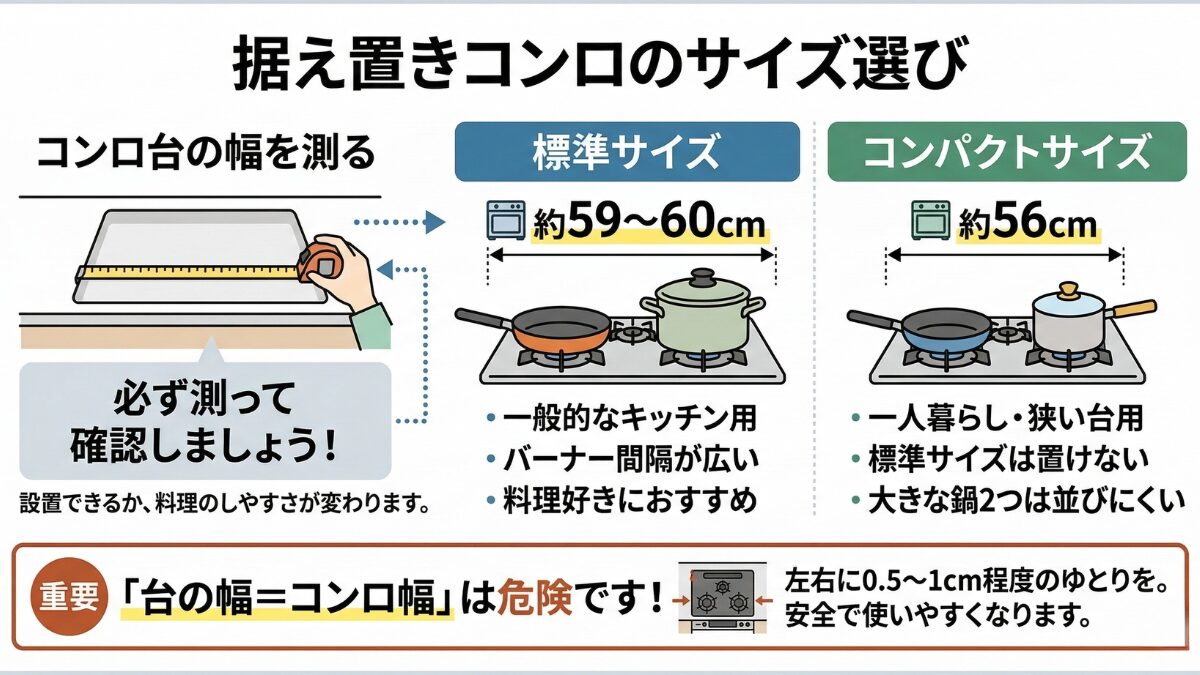 ガステーブルのサイズ比較図。標準（60cm）とコンパクト（56cm）の2種類を紹介。台の幅ぴったりではなく、少しゆとりを持たせて選ぶよう注意喚起している。