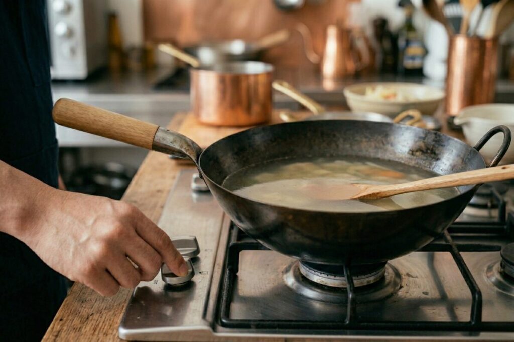 水溶き片栗粉を入れる前に、コンロの火を止める調理師の手。鍋の中の対流を落ち着かせるための基本動作。