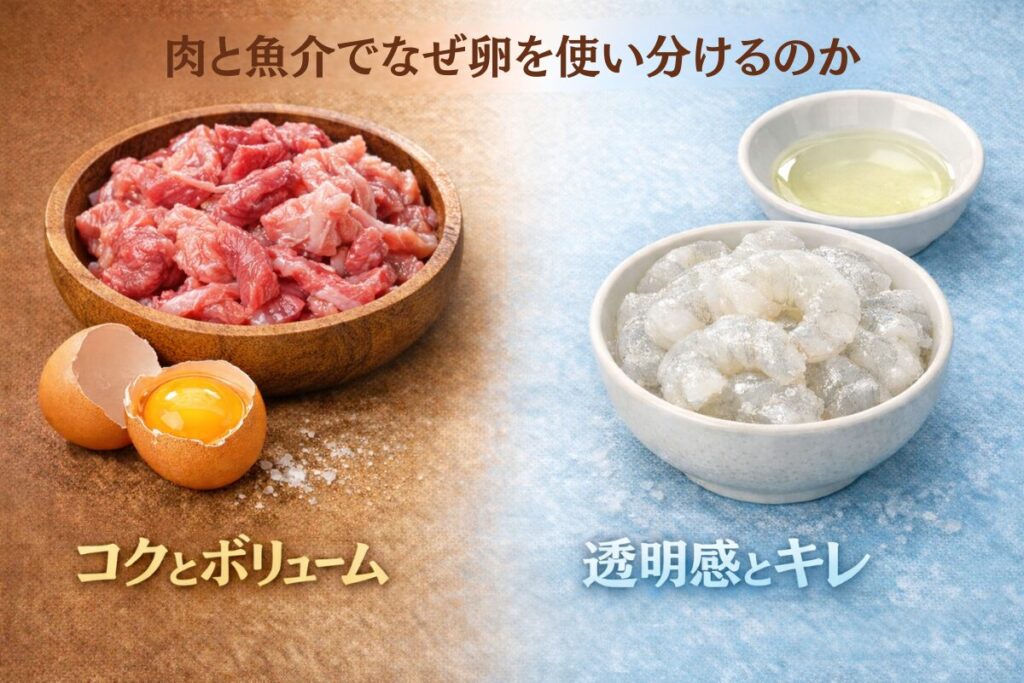 肉と魚介でなぜ卵を使い分けるのか：肉はコクとボリューム、魚介は透明感とキレ。