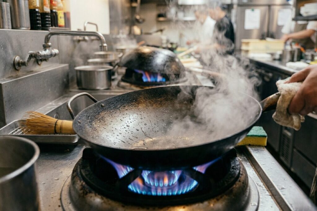 Alt属性:洗い終わった直後の中華鍋を強火にかけ、水分を完全に蒸発させて乾燥させる様子