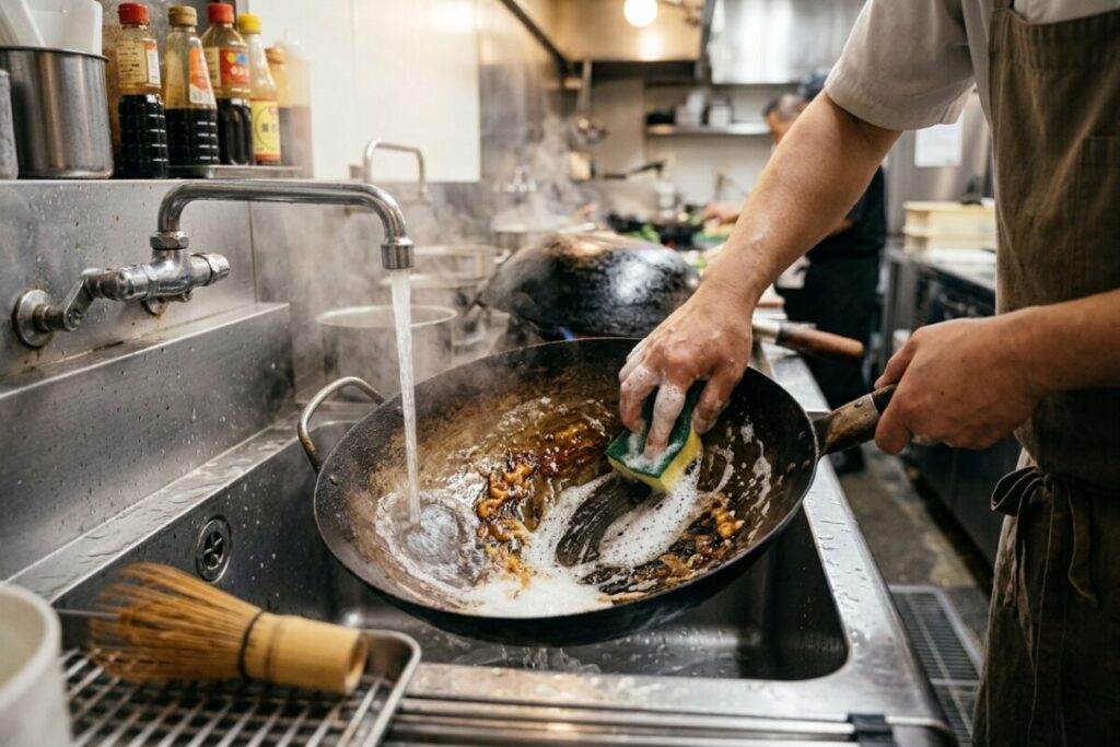 中華料理店の厨房で、焦げ付いた鉄の中華鍋をスポンジと洗剤の泡でしっかりと洗う様子