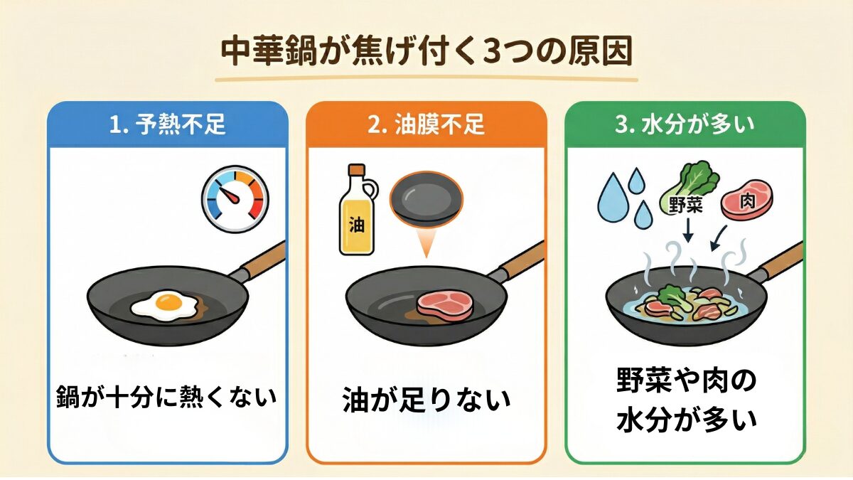 中華鍋が焦げ付く3つの原因(予熱不足、油膜不足、水分が多い)をまとめた図解イラスト