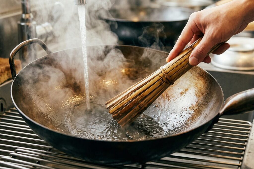 調理直後の熱い鉄の中華鍋を、洗剤を使わずにお湯とササラで洗う様子