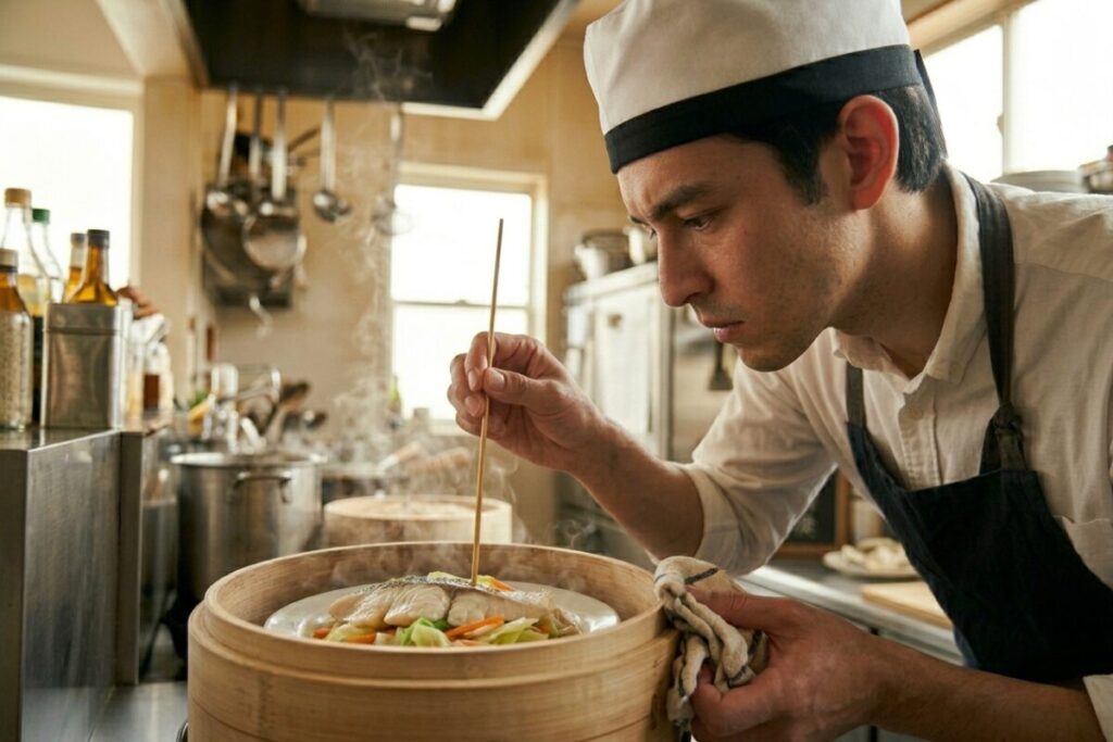 せいろの中の食材(魚)に竹串を刺して、中まで火が通っているかを確認する料理人の手元。プロが実践する確実な調理のひとコマ。