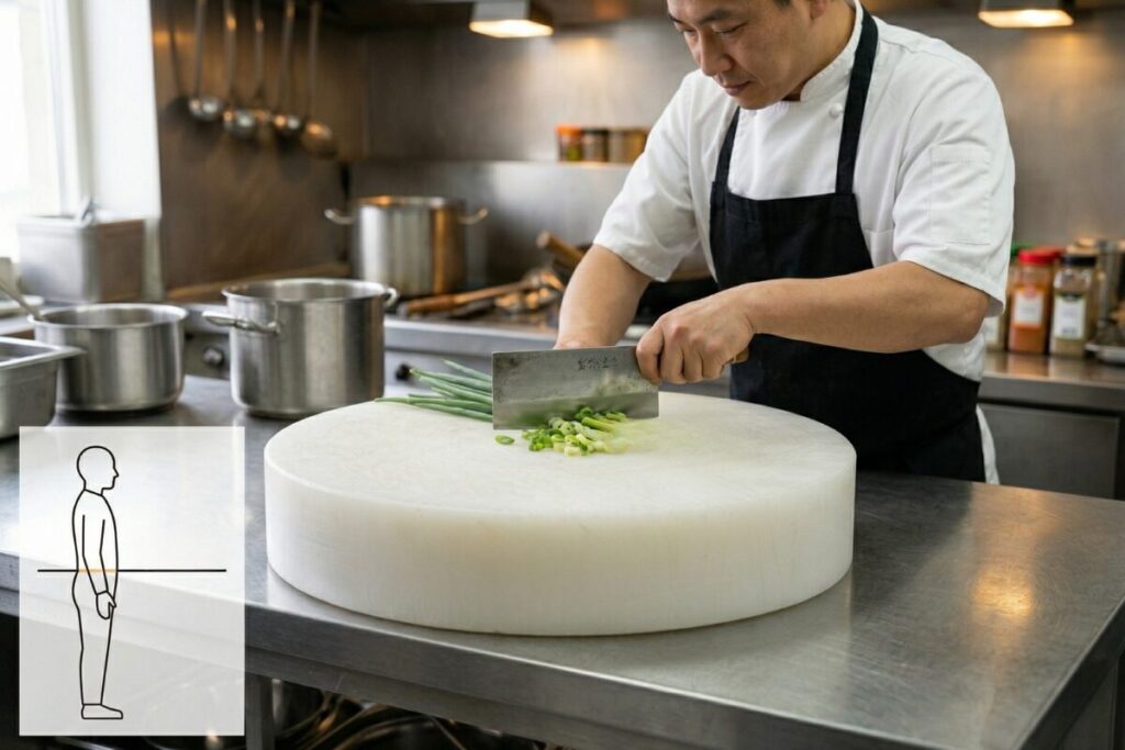 シェフが厚いまな板でねぎを切る様子と、そのまな板の高さが「へその位置」にあることを図解した比較画像。腰を曲げずに背筋を伸ばして切れる「理想的な高さ」であることを視覚的に伝えている。