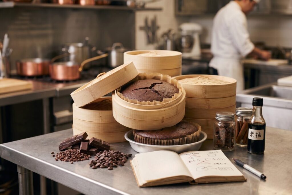 ホテルの厨房で試行錯誤する様子。せいろの中で紙型に包まれてふっくら蒸し上がったチョコマーラーカオと、傍らに置かれた開発ノートやスパイス。