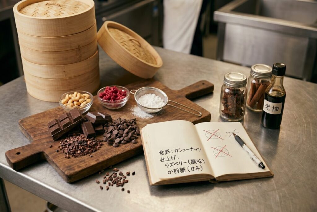 厨房の調理台に並べられたチョコマーラーカオの材料。カシューナッツ、ドライラズベリー、粉糖、チョコレート、老抽が並び、手前のノートには「食感：カシューナッツ」「仕上げ：ラズベリー（酸味）か粉糖（甘み）」と記されている。