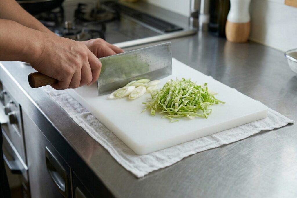 家庭用まな板の下に薄手の濡れ布巾を敷き、中華包丁で野菜を切る様子。まな板の滑り止め対策の解説。