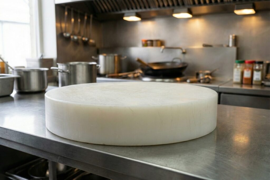 プロ仕様の厨房のステンレス製調理台に置かれた、厚みのある白い円形プラスチック製まな板。