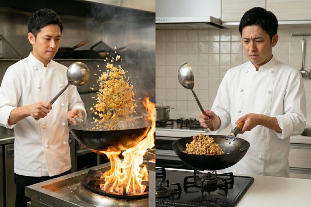 左側は強火の中華レンジで華麗に鍋を振るプロ、右側は家庭用コンロで火力が足りず苦戦する男性の比較写真。