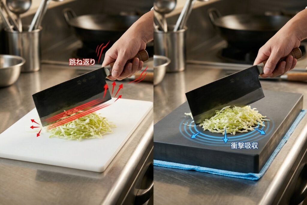 薄いまな板による包丁の「跳ね返り」と、厚いまな板による「衝撃吸収」の違いを視覚的に比較した図。左側は衝撃が手に返る様子、右側はまな板が重みを受け止める様子を示している。