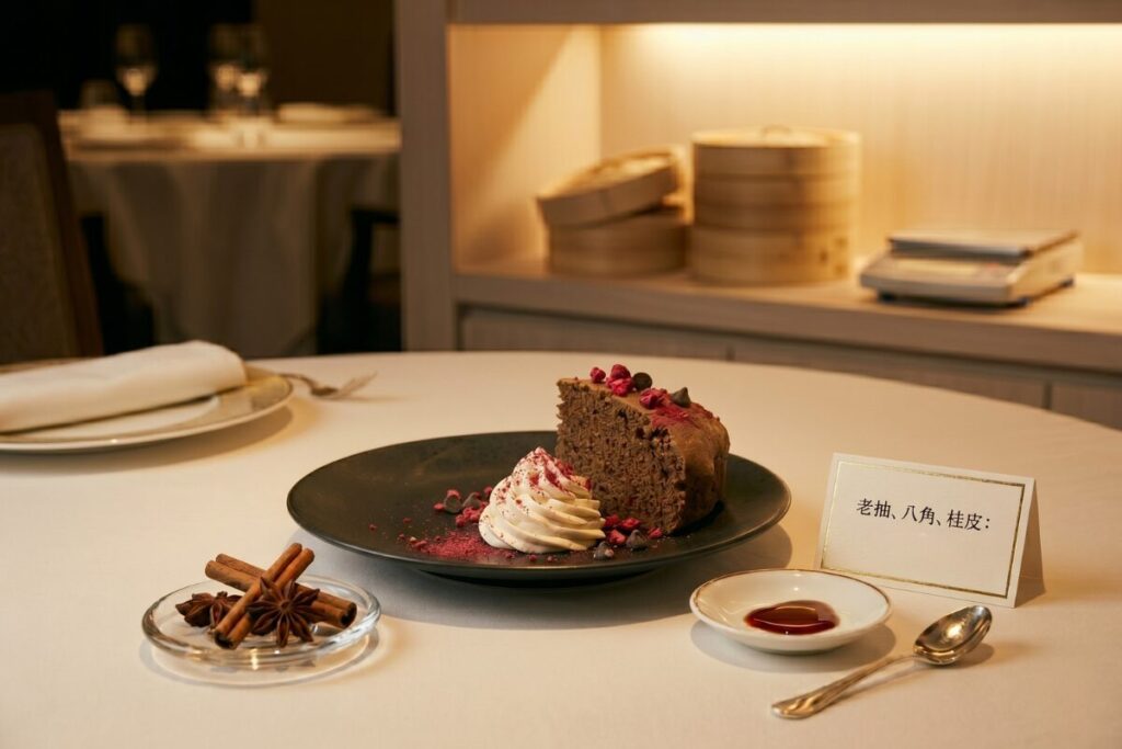 ホテルのコース料理として完成した濃厚チョコマーラーカオ。円形の黒い皿の中央に、ケーキカットされた一切れと特製生クリームが美しく盛り付けられた一皿。