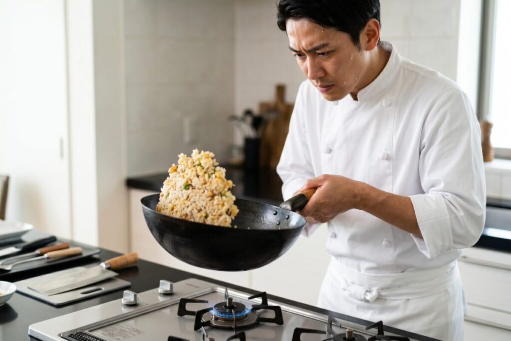 家庭のキッチンで、男性が中華鍋を使って炒飯を振っている実写風の写真。火力が弱いため温度が下がってしまう様子を表現。