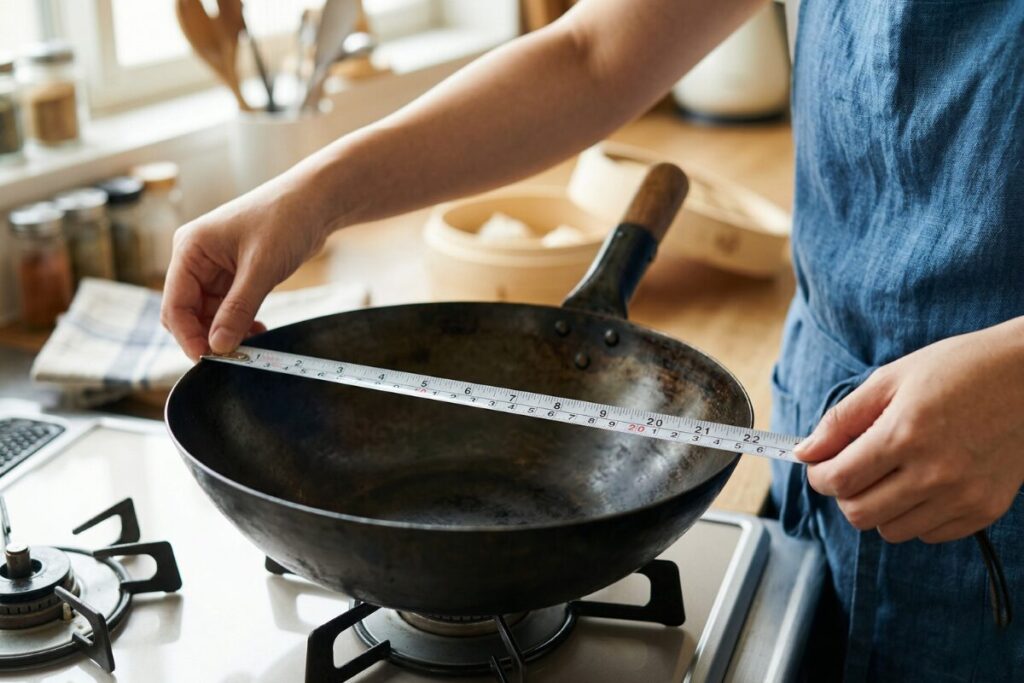 メジャーを使い、中華鍋の一番上のフチからフチまでの内径(直径)を正確に測っている様子