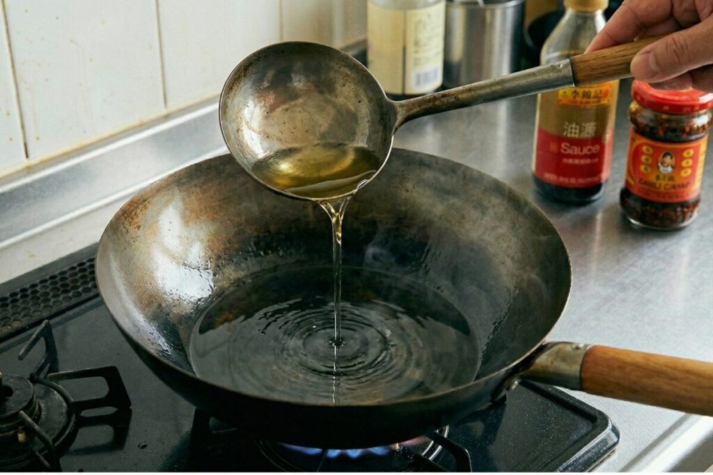 強火で熱した中華鍋にたっぷりの油を回し入れ、表面に強力な油膜を作る「油返し」の様子