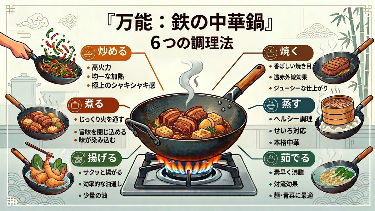 鉄の中華鍋が万能な理由を解説したインフォグラフィック。炒める、焼く、蒸す、茹でる、揚げる、煮るの6つの調理法ができることを紹介。