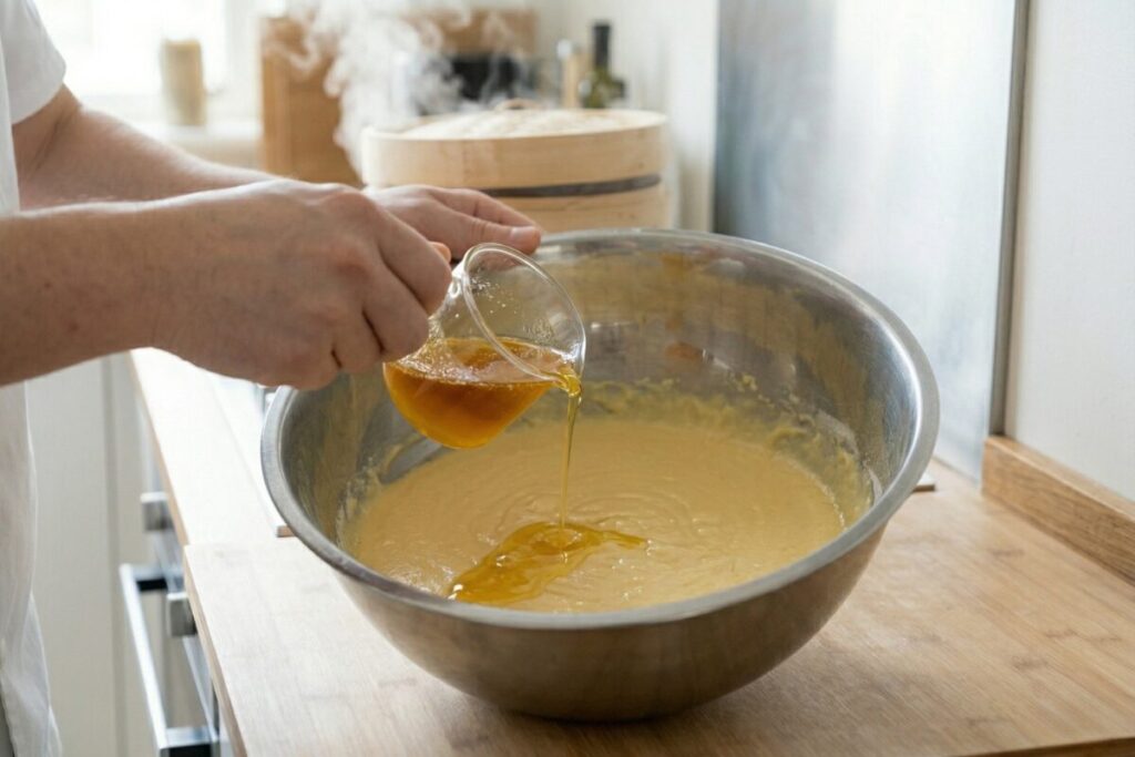 生地と溶かしバターを馴染ませ、ツヤのある滑らかな状態に仕上げる様子