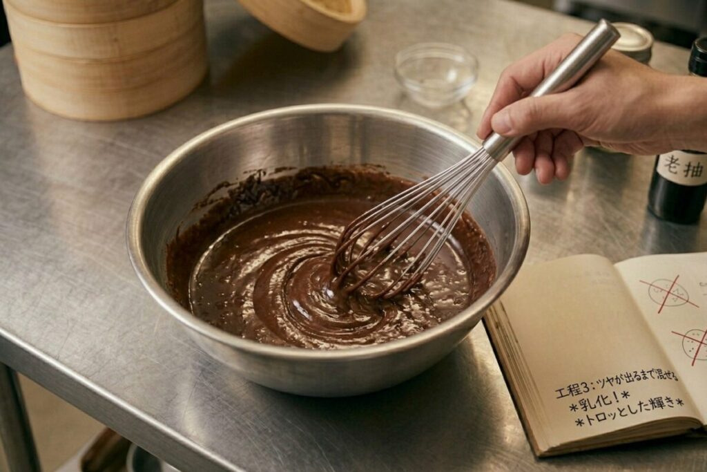 ホイッパーで混ぜ合わされ、鏡のような美しいツヤが出たチョコマーラーカオの生地。水分と油分が完全に一体化した「乳化」の状態を示すプロの見極め。