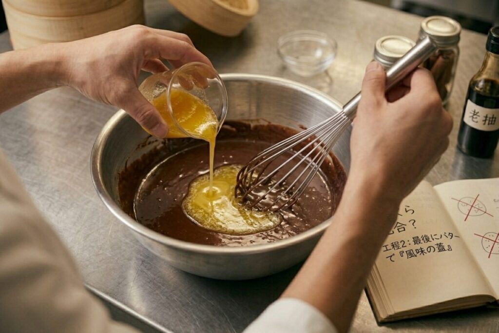滑らかなチョコ生地に、最後の仕上げとして黄金色の溶かしバターを注ぎ入れる様子。潤いを閉じ込める「風味の蓋」の役割を解説するプロの調理工程。