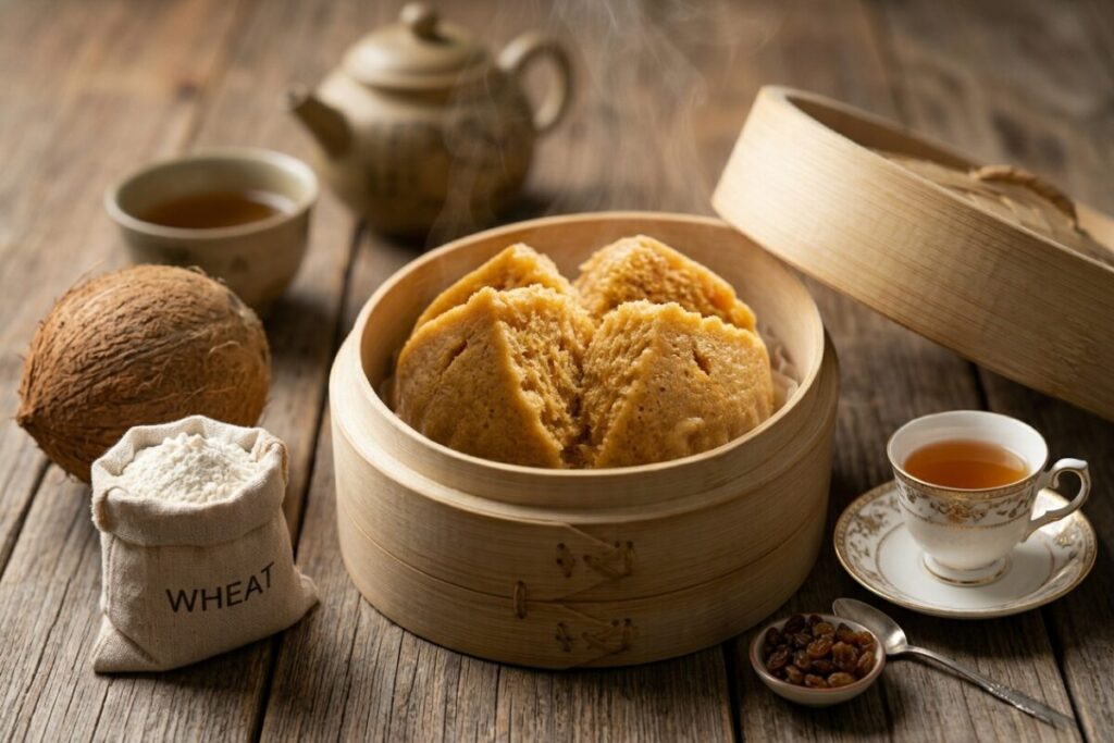 竹製のせいろに収まったマーラーカオを中心に、ココナッツミルク、西洋の銀のスプーン、小麦粉、そして中華急須を周囲に配し、東南アジア・欧州・中国の食文化が混ざり合った歴史を表現した静物写真。