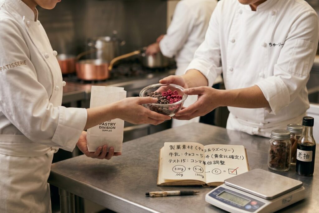 製菓部門からチョコチップやドライラズベリーを受け取る様子。手前には「黄金比確定」と記されたレシピノートと、材料を精密に測るための天秤。