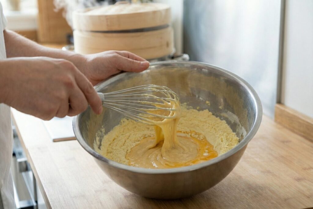 ボウルで粉類と牛乳・卵をダマにならないよう滑らかに混ぜ合わせる様子