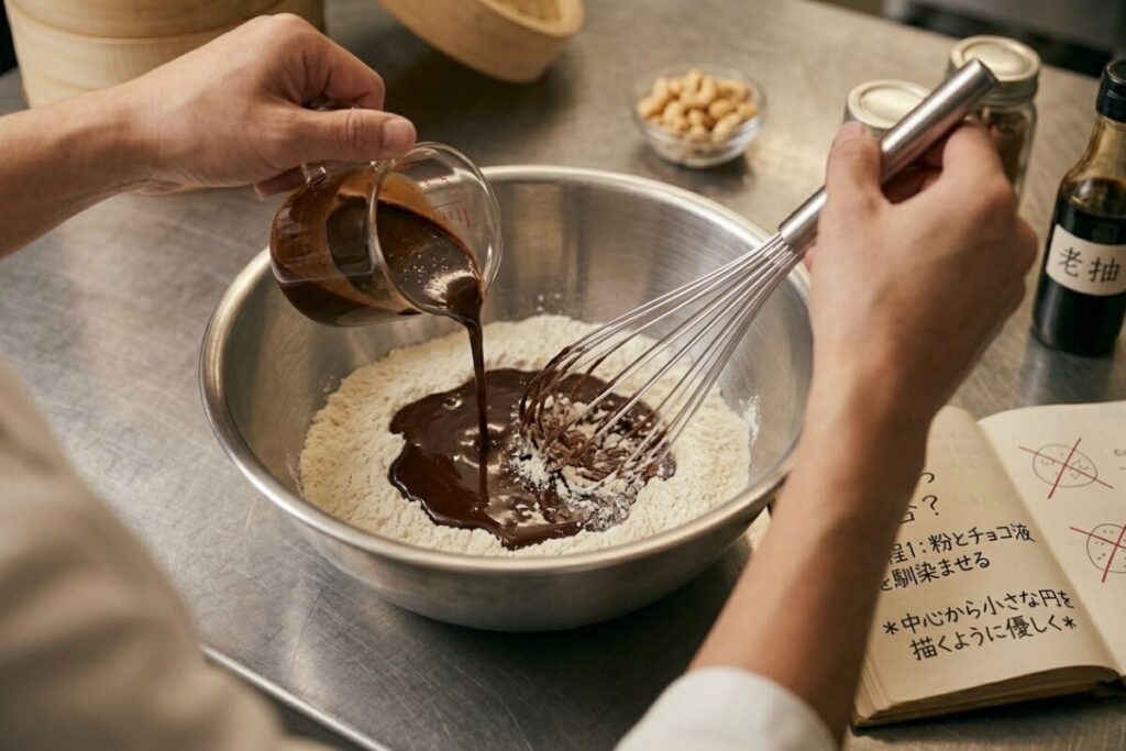 ボウルの中の粉類の中央に、濃厚なチョコ液を少しずつ注ぎ入れる様子。ホイッパーを中心に置き、中心から外側へ優しく混ぜ合わせるプロの技法を捉えた手元。