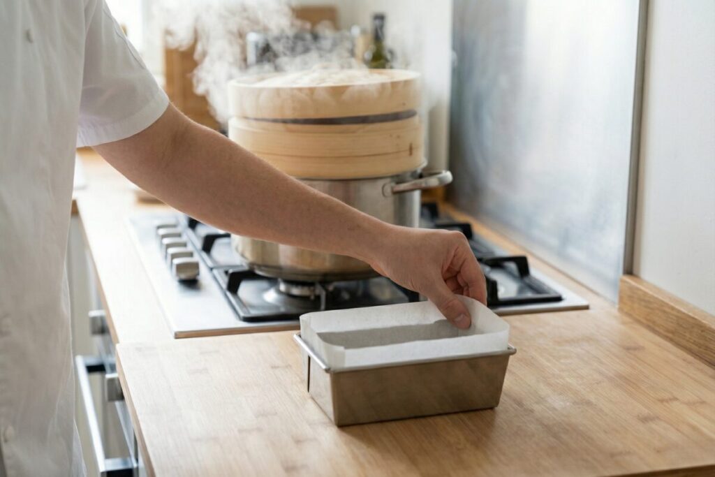 蒸気の上った鍋とせいろを用意し、型にシートを敷いて下準備する様子