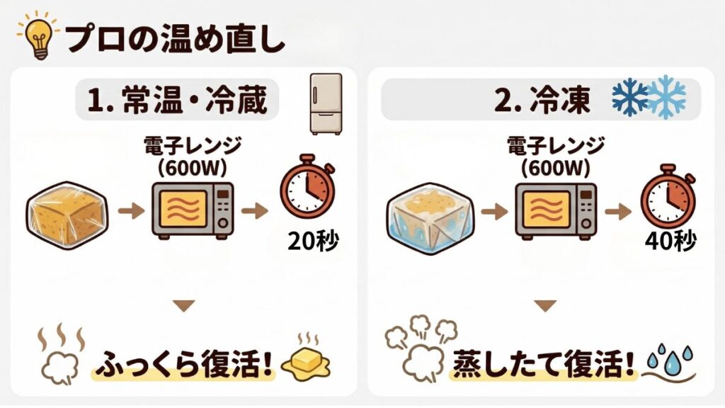 マーラーカオのプロの温め直しガイド。1.常温・冷蔵保存の場合はラップのまま電子レンジ（600W）で20秒加熱し「ふっくら復活」。2.冷凍保存の場合は電子レンジ（600W）で40秒加熱し、水分を補うことで「蒸したて復活」。