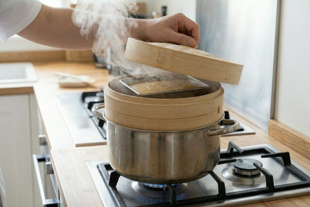 沸騰した鍋にせいろをセットし、強火で一気に蒸し上げる工程