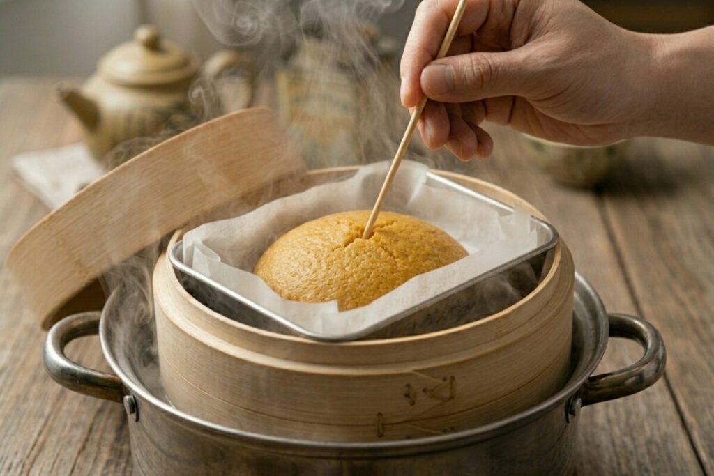 せいろの中に置かれたステンレスバットで蒸し上がるマーラーカオ。中心に竹串を深く刺して、中まで火が通っているかを確認している手元のクローズアップ写真