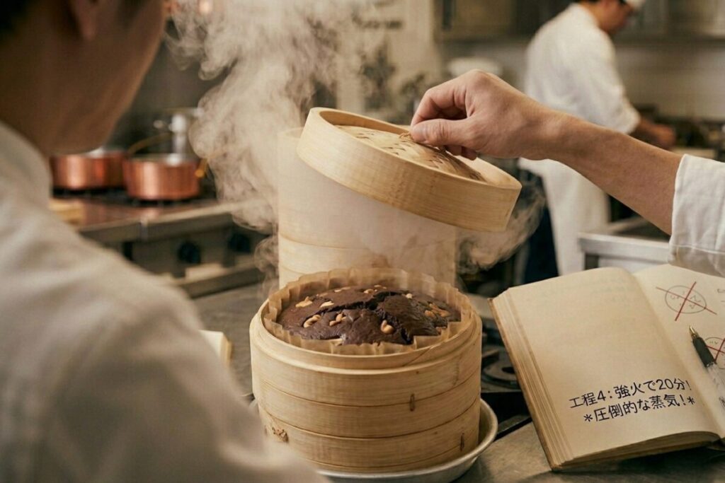 蒸し上がったチョコマーラーカオのせいろの蓋を開ける瞬間。真っ白な蒸気の中から、ふっくらと膨らんだ濃厚なチョコ生地が顔を出す、感動の火入れ完了シーン。