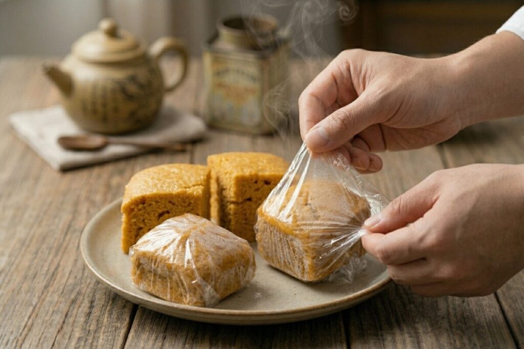 蒸し上がった後、まだほんのり湯気が立つ温かい状態のマーラーカオを、乾燥を防ぐために透明なラップで一つずつ丁寧に密封している手元のクローズアップ写真