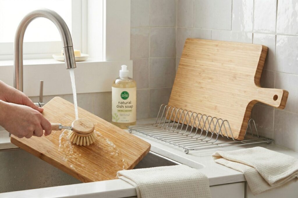 キッチンのシンクで木製まな板をタワシを使って水洗いしている様子と、その奥で別の木製まな板をステンレス製の水切りラックに立てて乾燥させている様子。カビを防ぐための正しい洗浄と乾燥方法のイメージ。