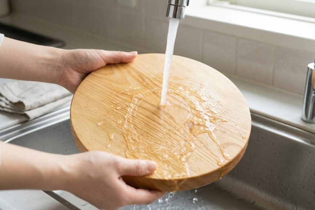 キッチンのシンクで丸い木製まな板を水で濡らしている様子。使用前の汚れ防止のひと手間を解説するイメージ画像。