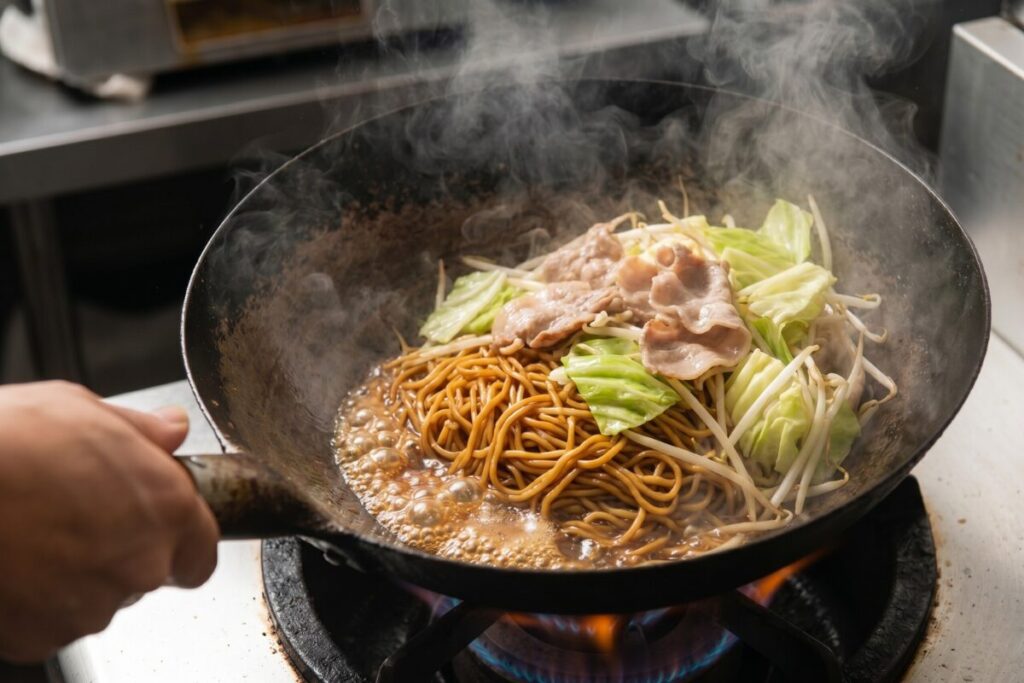 厨房のコンロの上で、中華鍋に入ったソースが絡んだ麺に、炒めておいた豚肉や野菜を戻し入れている調理風景。沸き立つソースの泡と湯気が食欲をそそる。