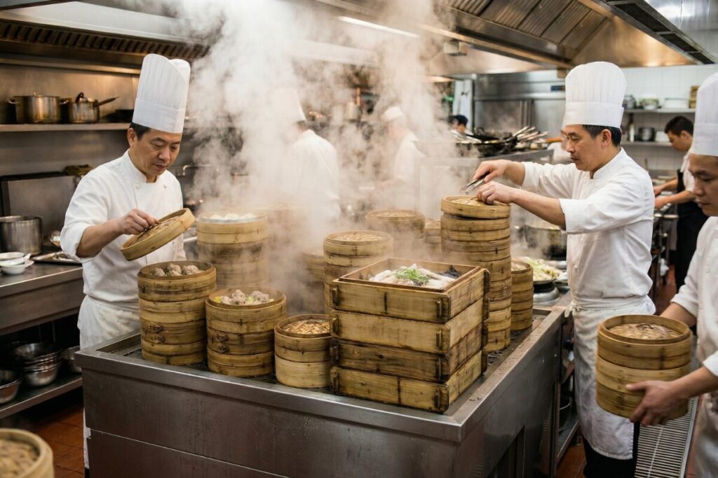ホテルの厨房で専用の大型蒸し器を使い、角せいろや丸せいろで一気に点心を蒸し上げるプロの料理人の様子