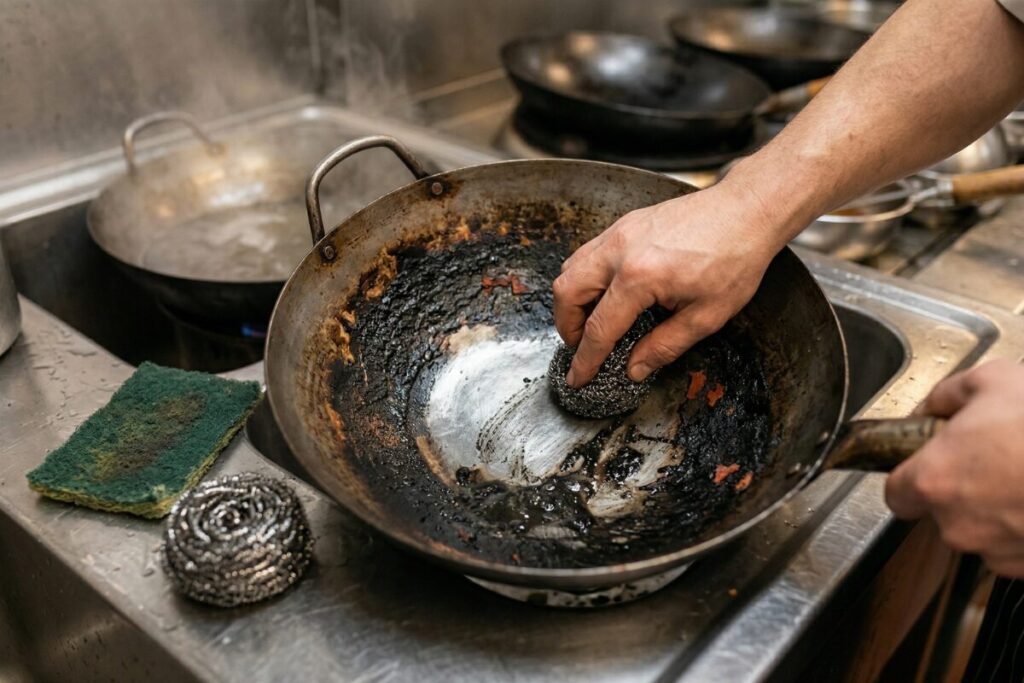 真っ黒に焦げ付いた鉄の中華鍋を、金属タワシでガシガシと磨いて銀色の地肌を露出させ、再生させる様子