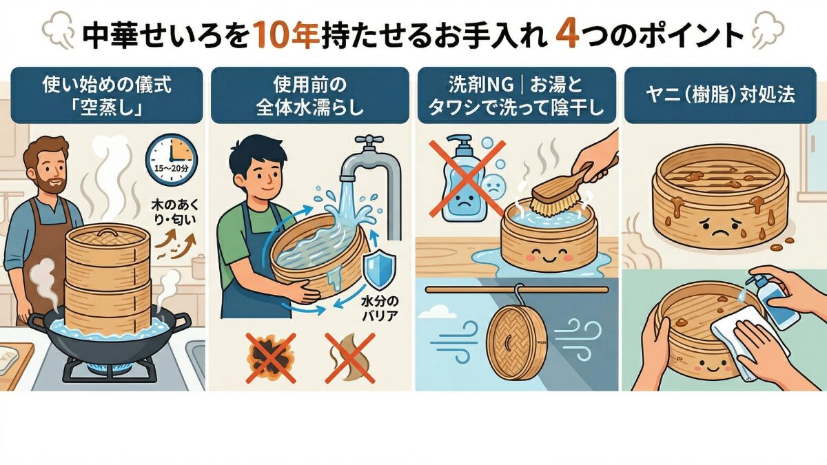 中華せいろを長持ちさせる4つのお手入れ(空蒸し、使用前の水濡らし、お湯とタワシ洗い、ヤニの対処法)を分かりやすく解説した4面パネルのイラスト。