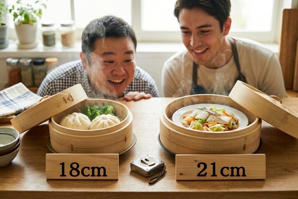 18cmと21cmのせいろの比較画像。18cmには肉まんが2個、21cmには皿に乗った魚と野菜の蒸し料理が入っており、それぞれの用途(副菜・点心向け vs メイン料理向け)を視覚的に解説。