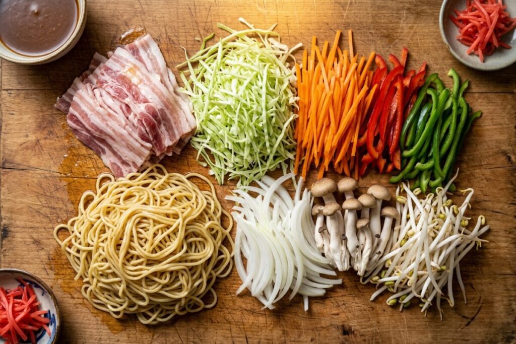 上海焼きそばの具材（豚バラ肉・キャベツ・人参・ピーマン・玉ねぎ・しめじ・もやし）を麺と同じ太さの絲（スー）に切り揃えた状態