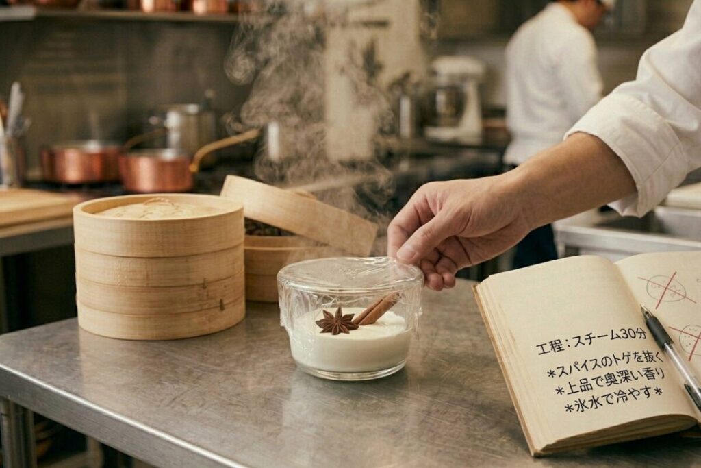 耐熱容器に入れた生クリームに八角とシナモンスティックを加え、ラップをして蒸し器で香りを移す工程。プロの現場で培われた「スチーム」の手法を伝える解説画像。
