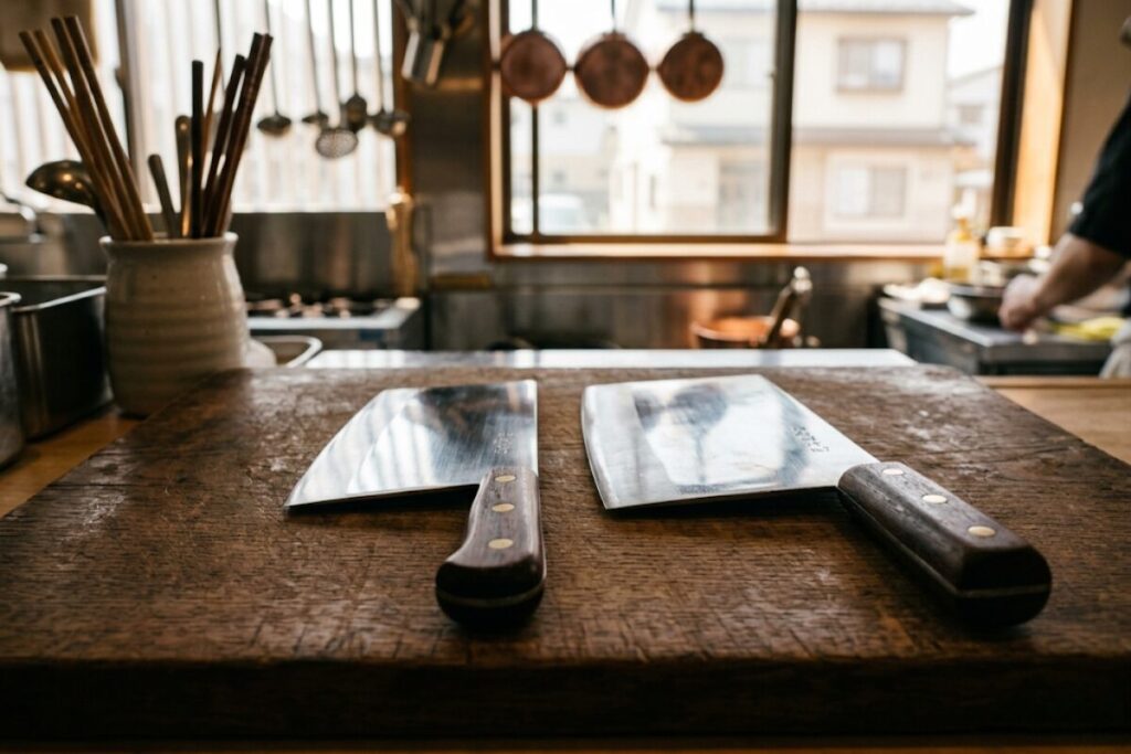 まな板の上に並べて置かれた杉本中華包丁6号と7号の比較