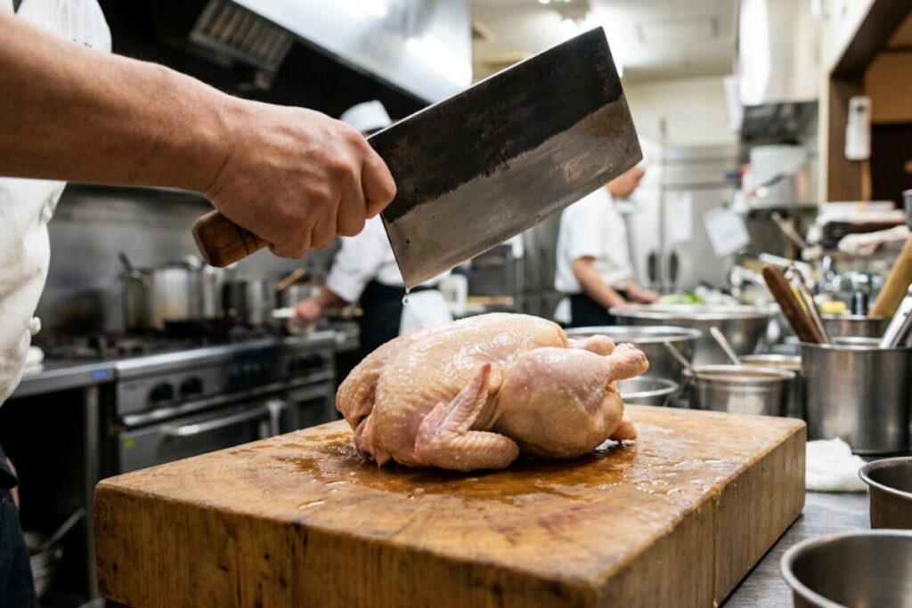 杉本7号の中厚口中華包丁を振り下ろし、骨付き鶏肉を豪快に叩き切る瞬間