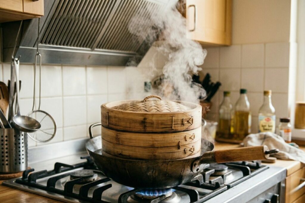 中華鍋の丸底に沿って上昇した大量の蒸気が、せいろの中央へ集中し、食材に向かって勢いよく吹き上がっている様子