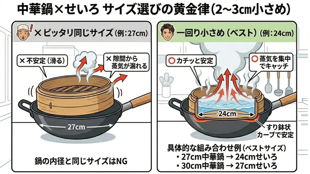 中華鍋とせいろのサイズ選びの比較図。鍋と同じサイズ(NG例)は不安定で蒸気が漏れる様子、鍋より2〜3cm小さいサイズ(ベスト例)は内側でカチッと安定し、蒸気が集中する様子を解説。