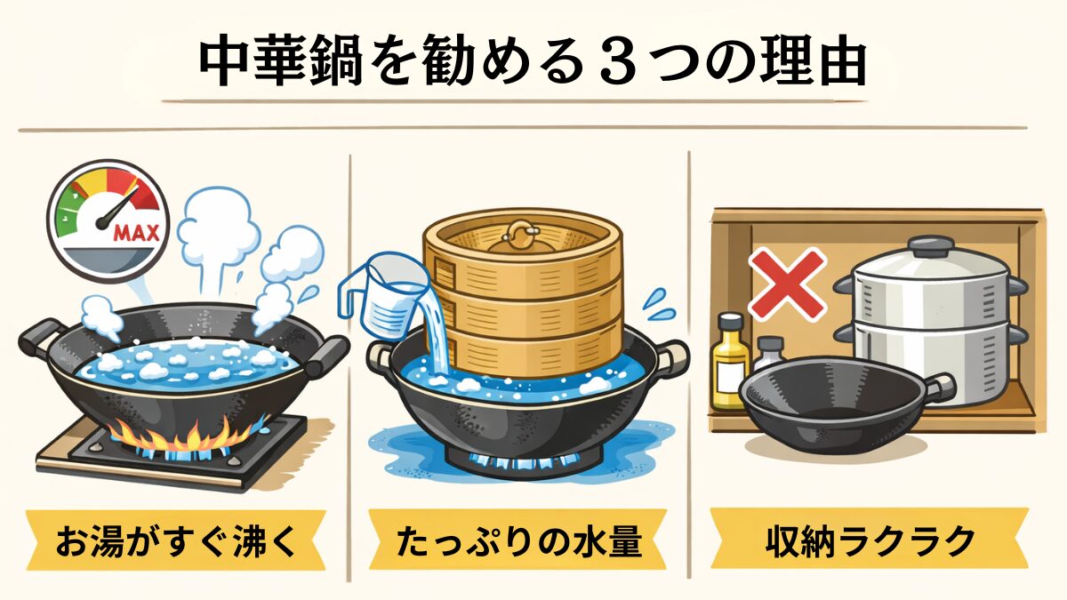 中華鍋が蒸し料理に向いている理由を図解。沸騰の速さ、水量の多さ、収納のしやすさをわかりやすく比較したイラスト。