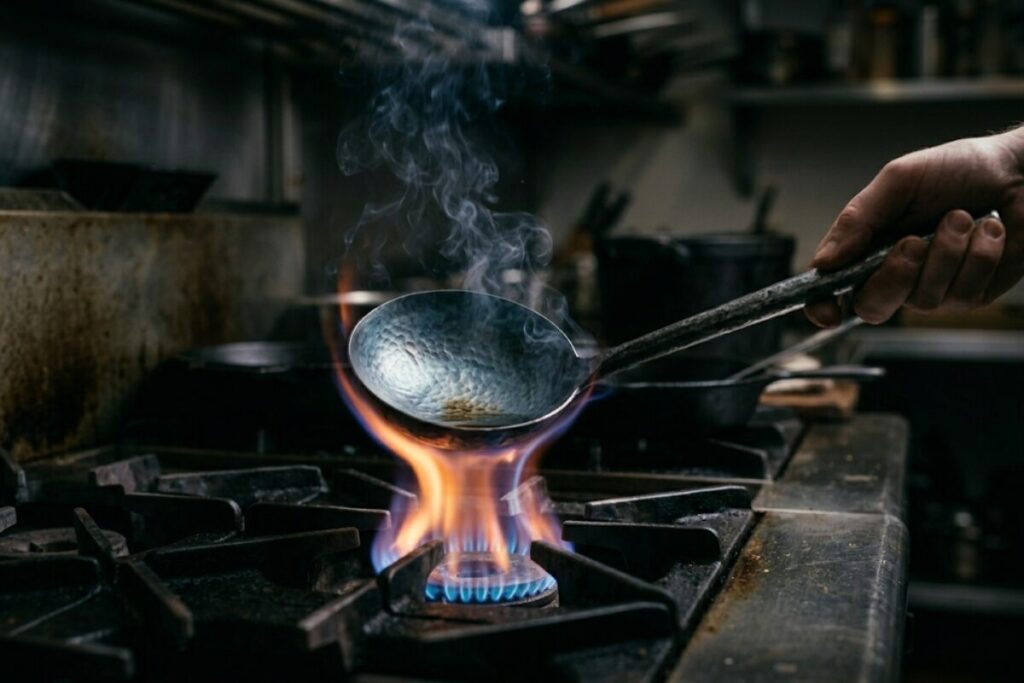 鉄製中華お玉を空焼きしてシーズニングしているメンテナンスの様子